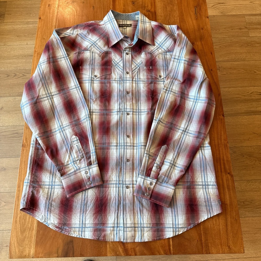 Stetson Men's Red/Blue/White Plaid Long Sleeve Western Shirt With Snaps Size 2XL